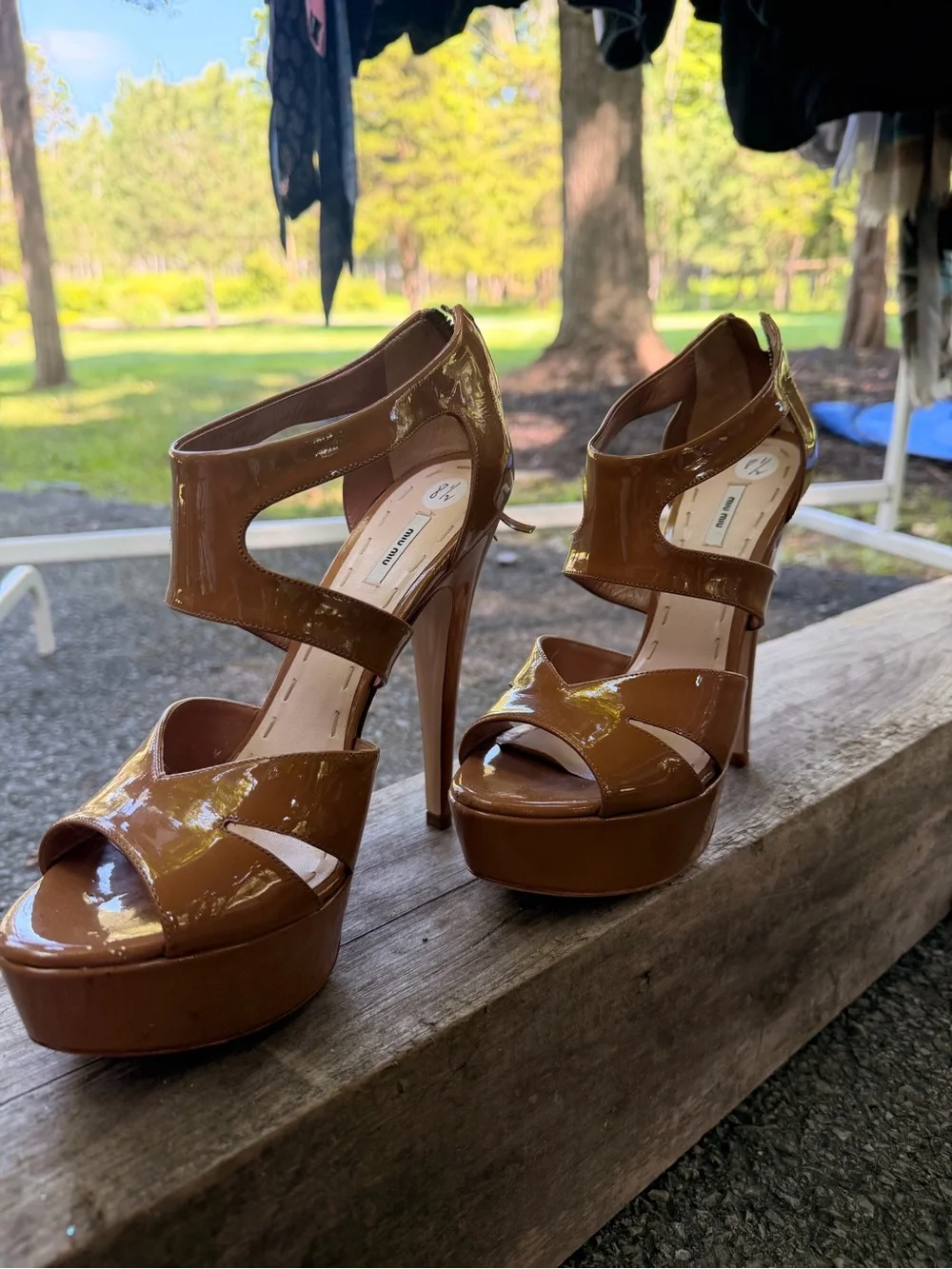 Miu Miu Glossy Tan Patent Platform Sandals